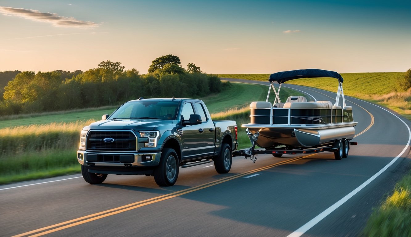 A pickup truck towing a pontoon boat on a trailer down a winding country road