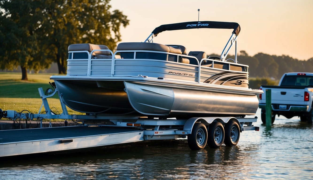 A pontoon boat being carefully lowered from a trailer onto a boat ramp, with a vehicle and trailer in the background