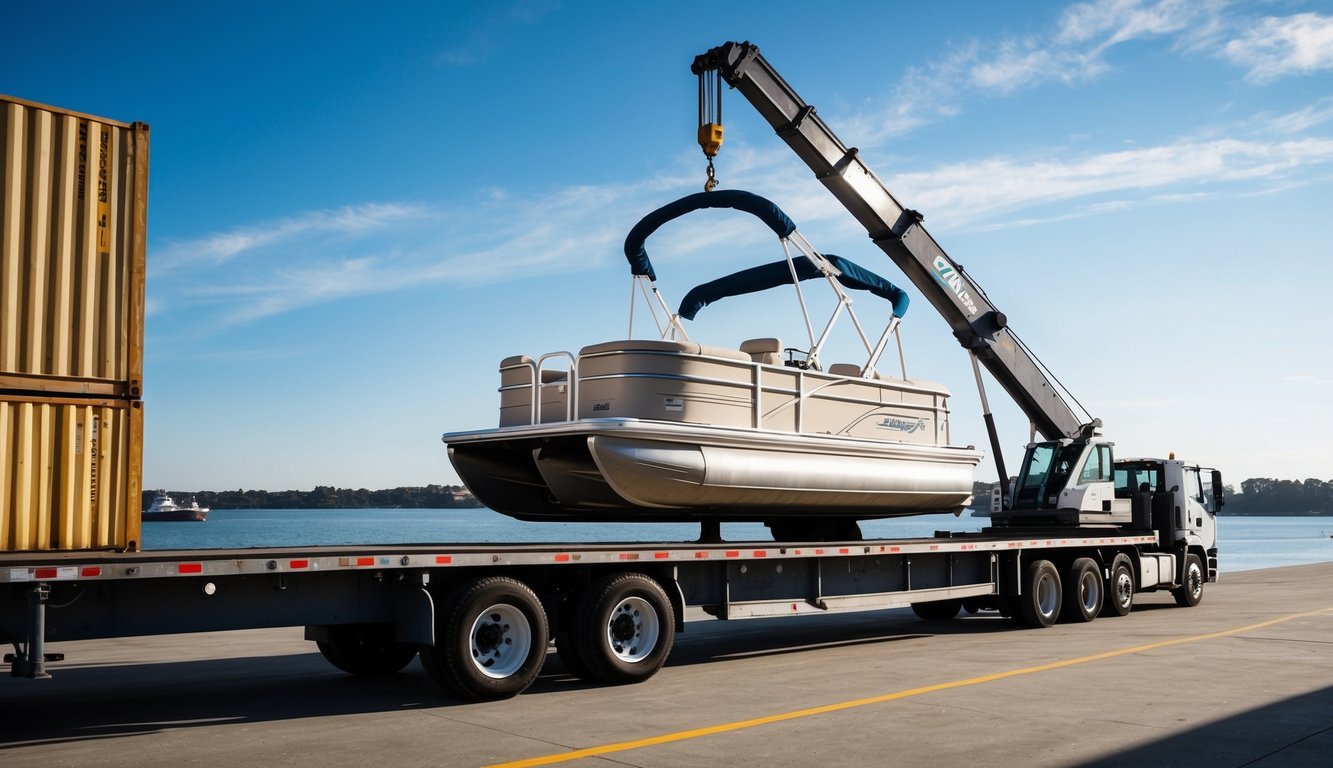 A pontoon boat being loaded onto a flatbed truck by a crane at a shipping dock