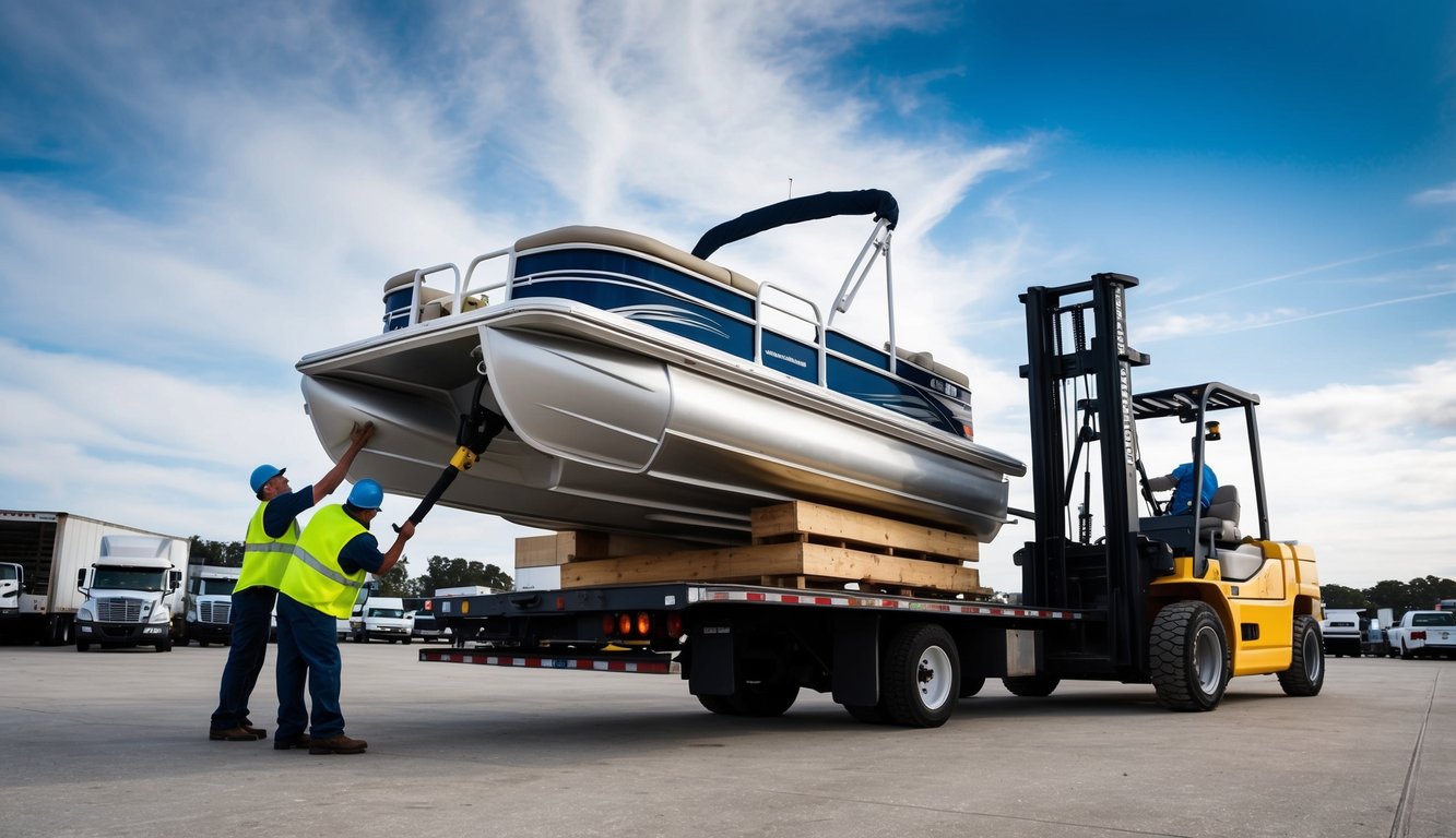 A pontoon boat being loaded onto a flatbed truck by workers using a forklift. The truck is parked in a shipping yard with other vehicles in the background