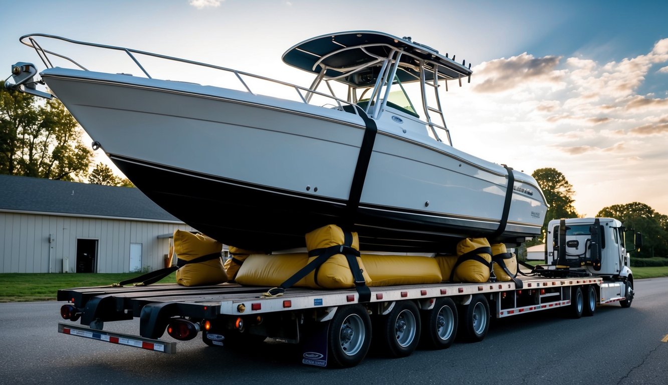 A speed boat securely strapped onto a flatbed truck, surrounded by protective padding and tied down with heavy-duty straps for transportation
