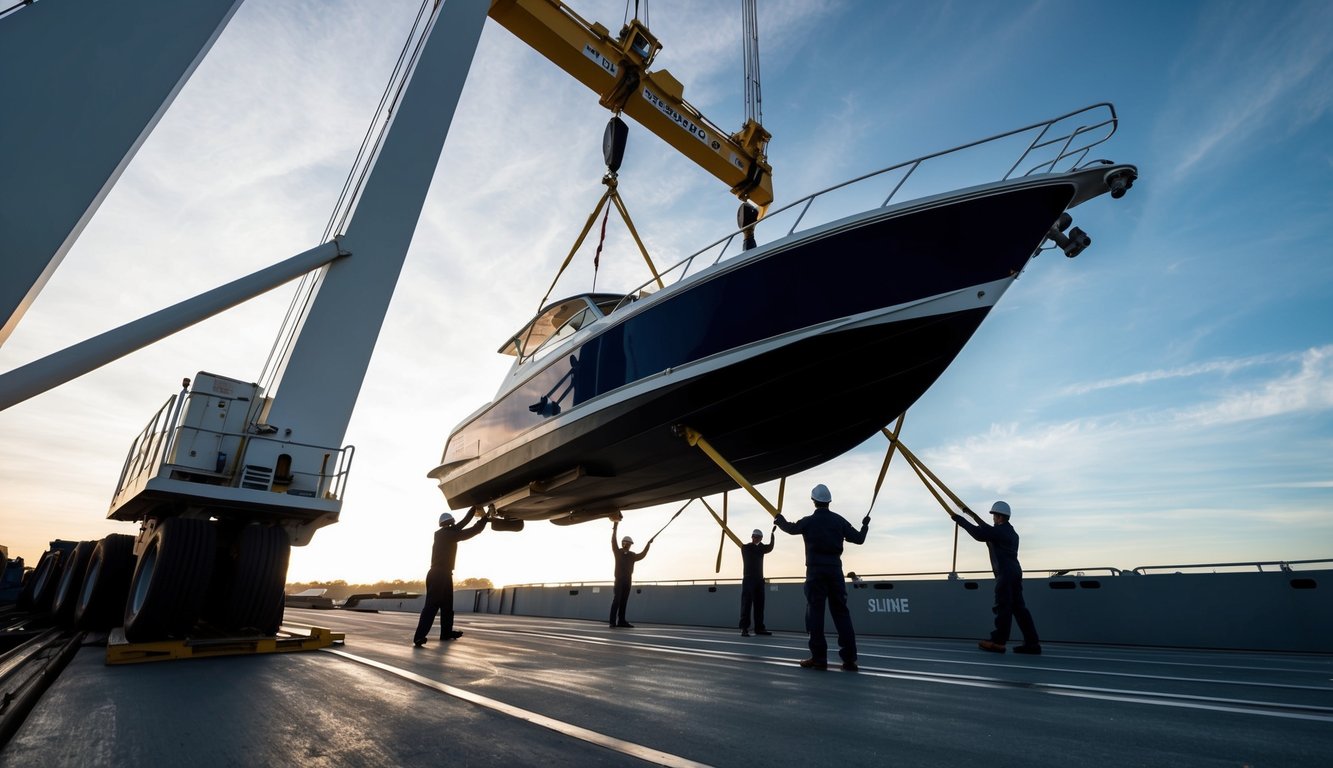 A speed boat being loaded onto a cargo ship, with workers securing it with straps and a crane lifting it into place
