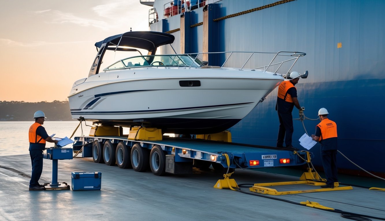 A speed boat being loaded onto a large cargo ship, with workers securing it in place and insurance documents being exchanged