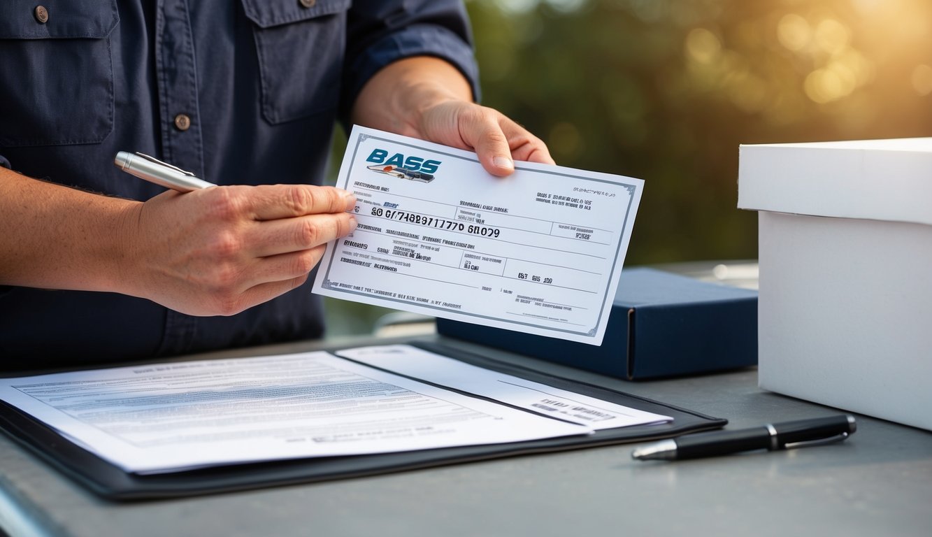 A person holding a bass boat title and registration papers, with a pen and shipping box nearby