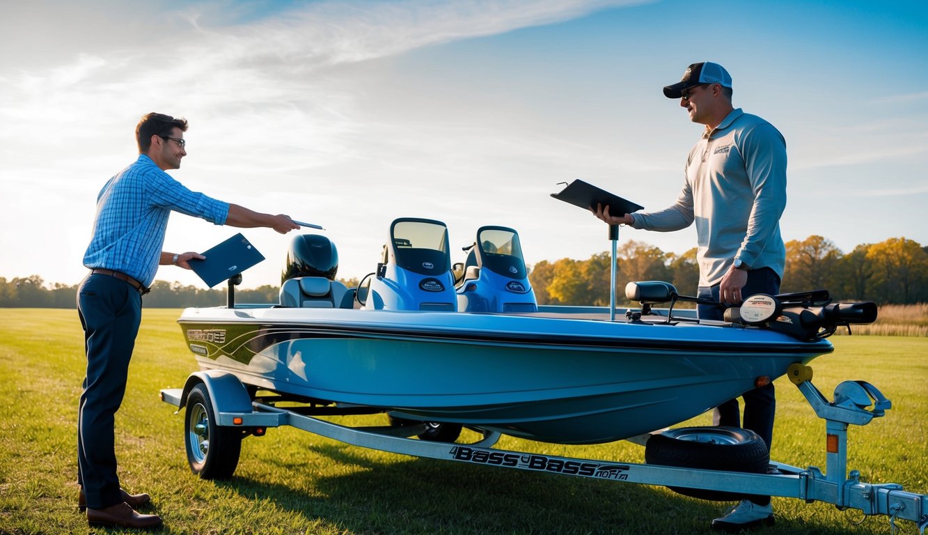 A bass boat on a trailer with a person handing over paperwork to another person