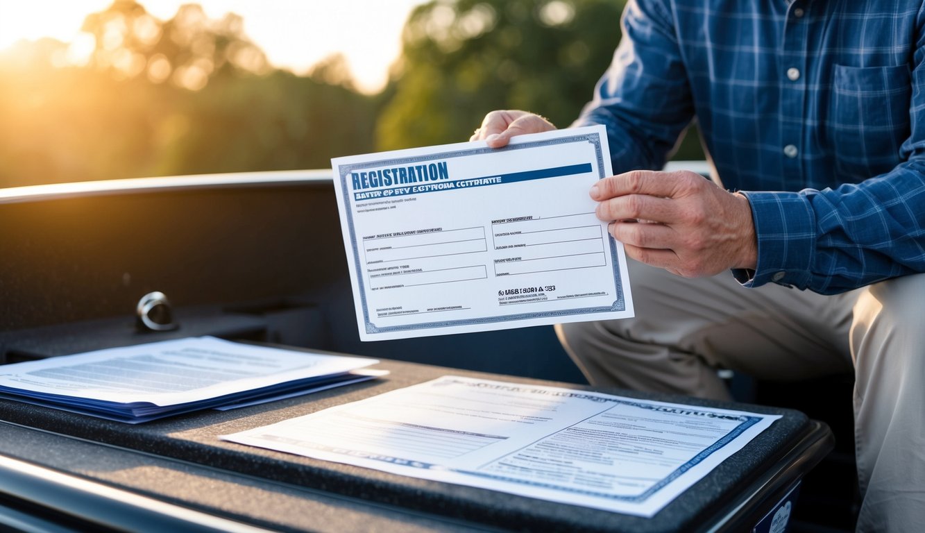 A person holding a state registration certificate and other paperwork for shipping a bass boat