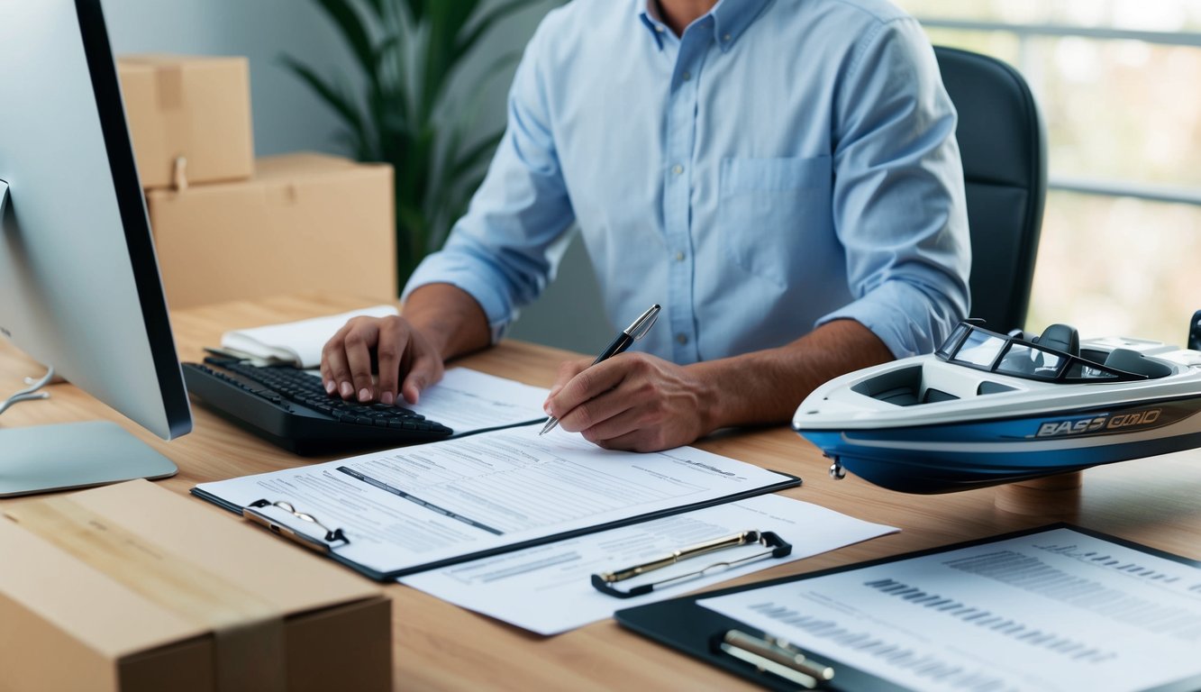 A person filling out paperwork at a desk with a computer, pen, and clipboard, surrounded by shipping documents and a bass boat model