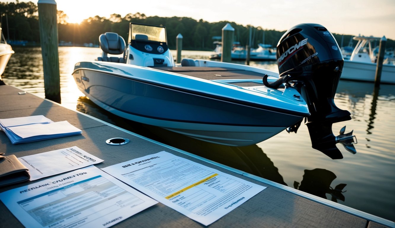 A bass boat docked at a marina, surrounded by paperwork such as insurance documents, registration papers, and shipping forms