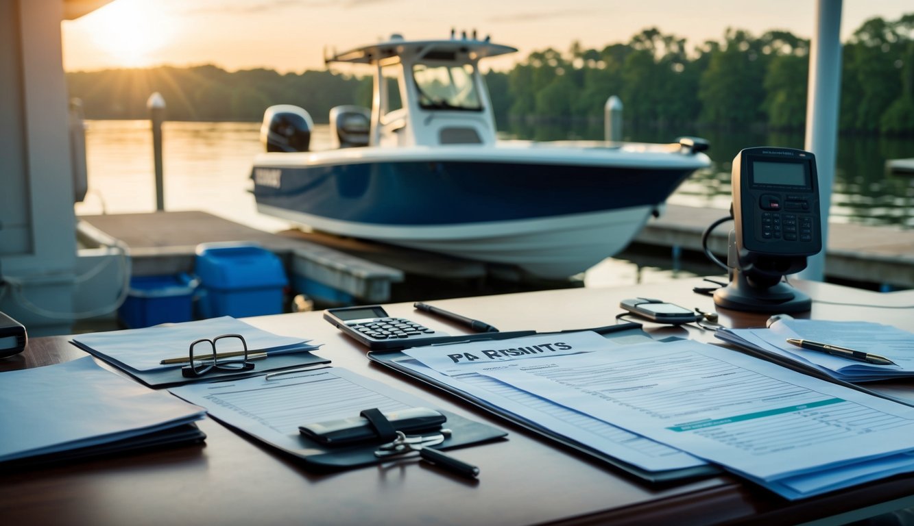 A cluttered desk with forms, permits, and a checklist. A bass boat is docked in the background, ready for shipment
