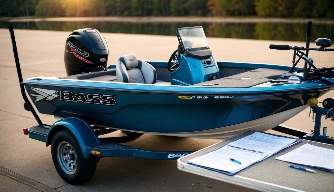 A bass boat sits on a trailer with paperwork spread out on a nearby table. The boat shows signs of wear and tear, with visible scratches and dents
