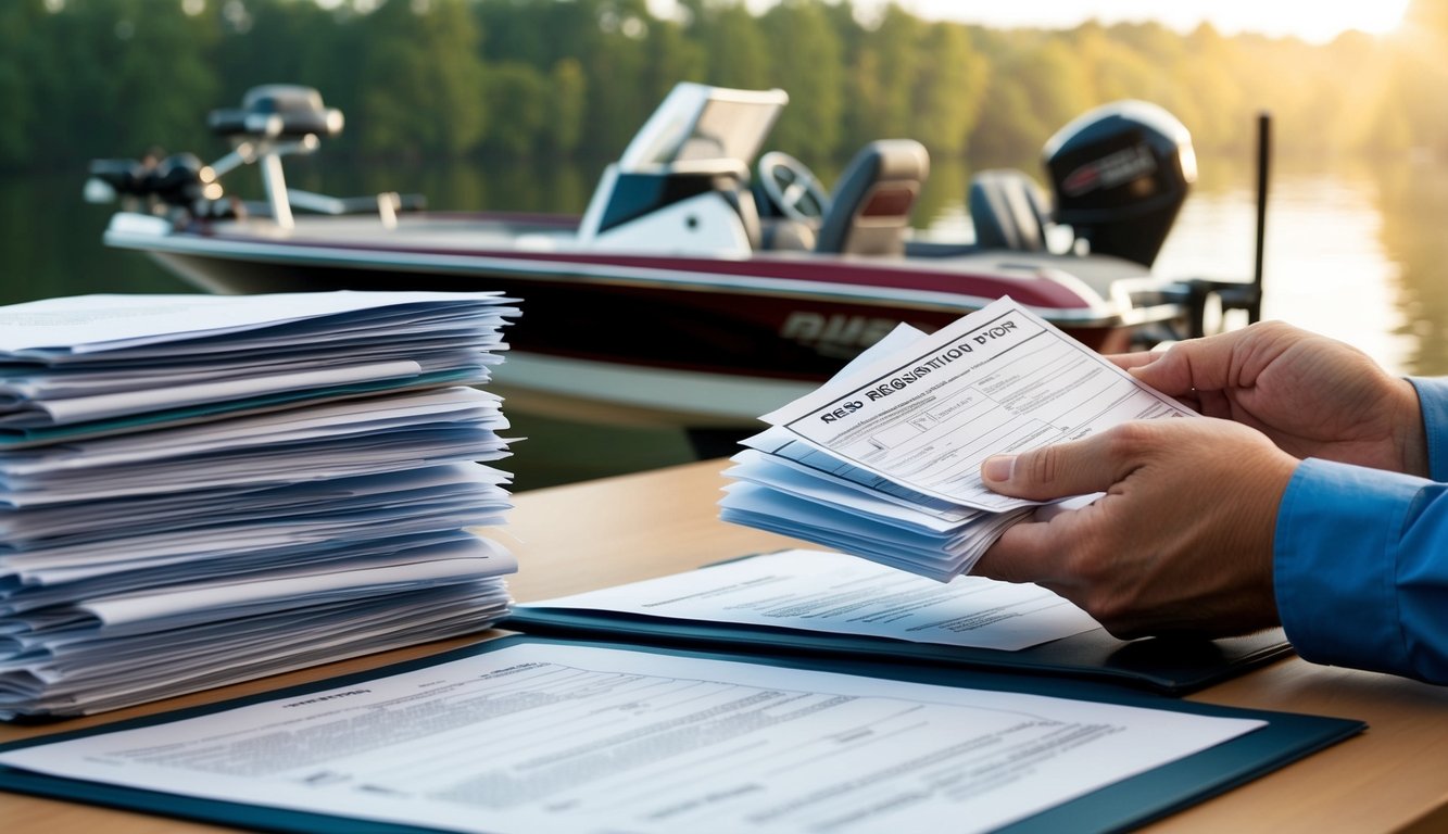 A hand holding a stack of trailer registration papers, boat title, and shipping documents on a desk with a bass boat model in the background