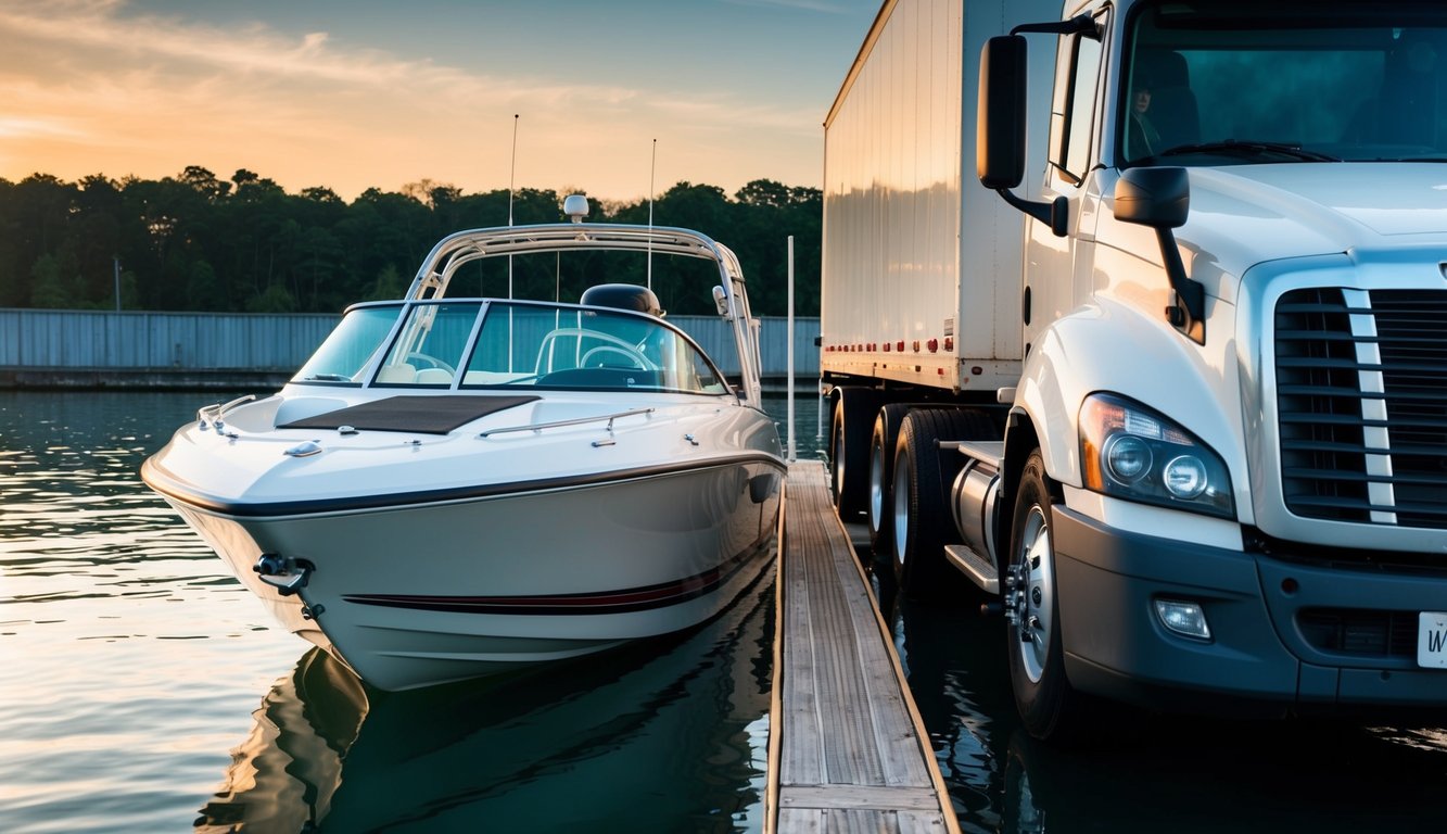 A speed boat docked next to a truck, with paperwork and a Motor Carrier Number displayed on the truck's dashboard
