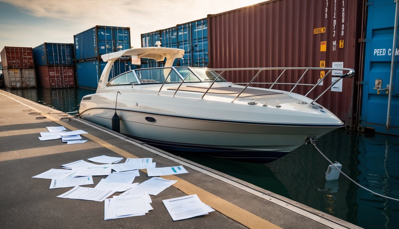 A speed boat docked next to a shipping container with paperwork scattered on the ground