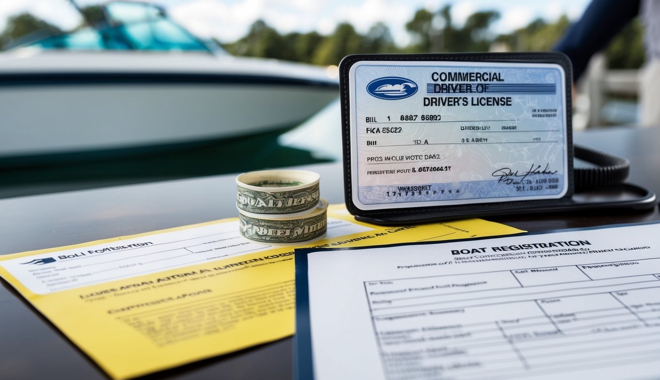 A commercial driver's license, bill of sale, and boat registration form laid out on a desk, with a speed boat visible in the background