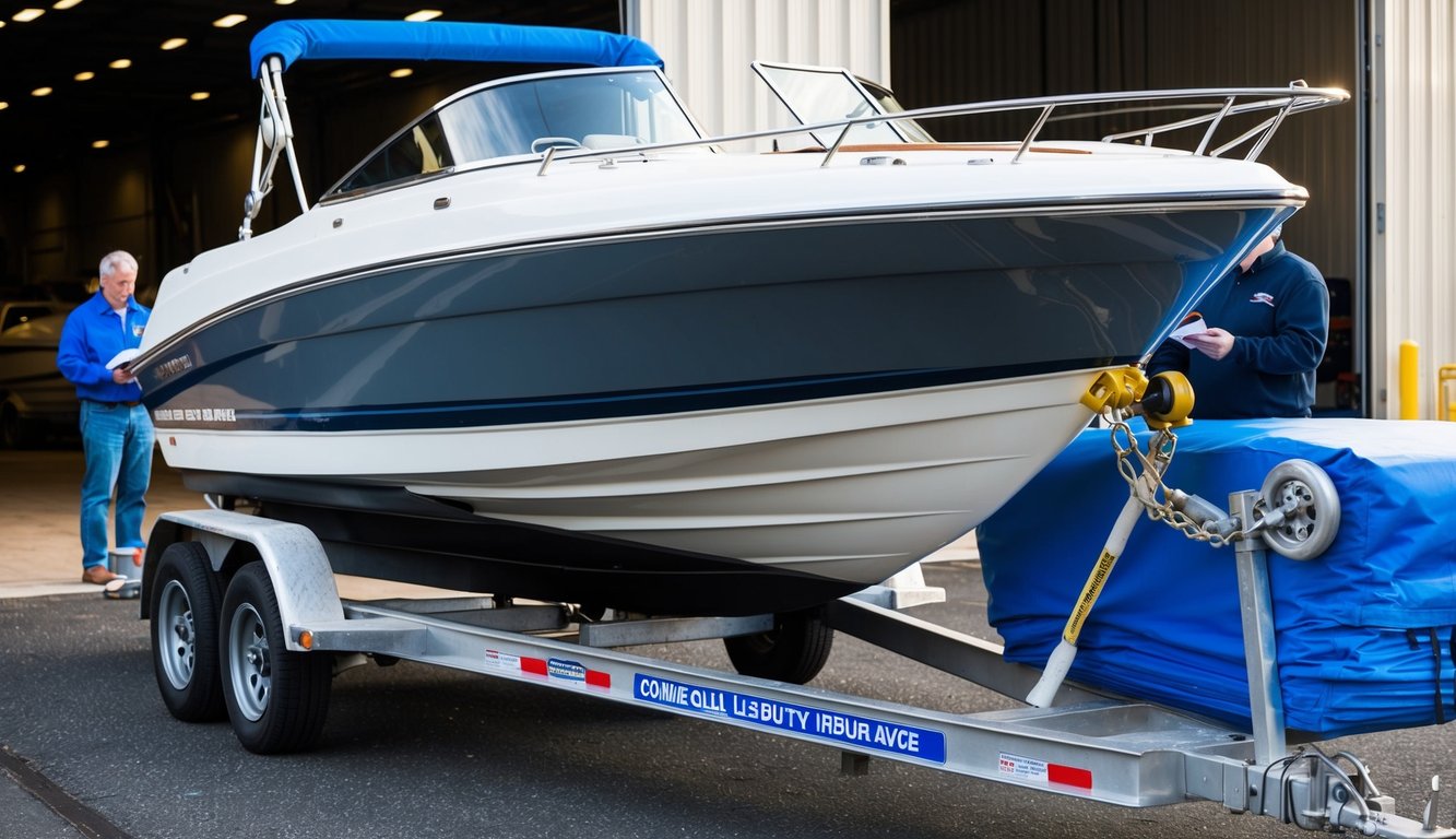 A speed boat being loaded onto a trailer, secured with straps and a tarp covering it. Paperwork, including cargo and commercial liability insurance documents, are being checked by a person in the background