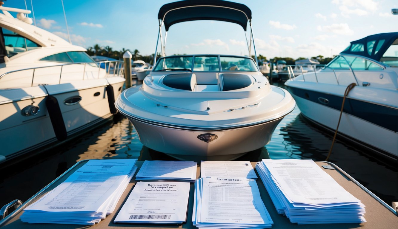 A speed boat docked at a marina, surrounded by paperwork such as registration documents, titles, and proof of ownership