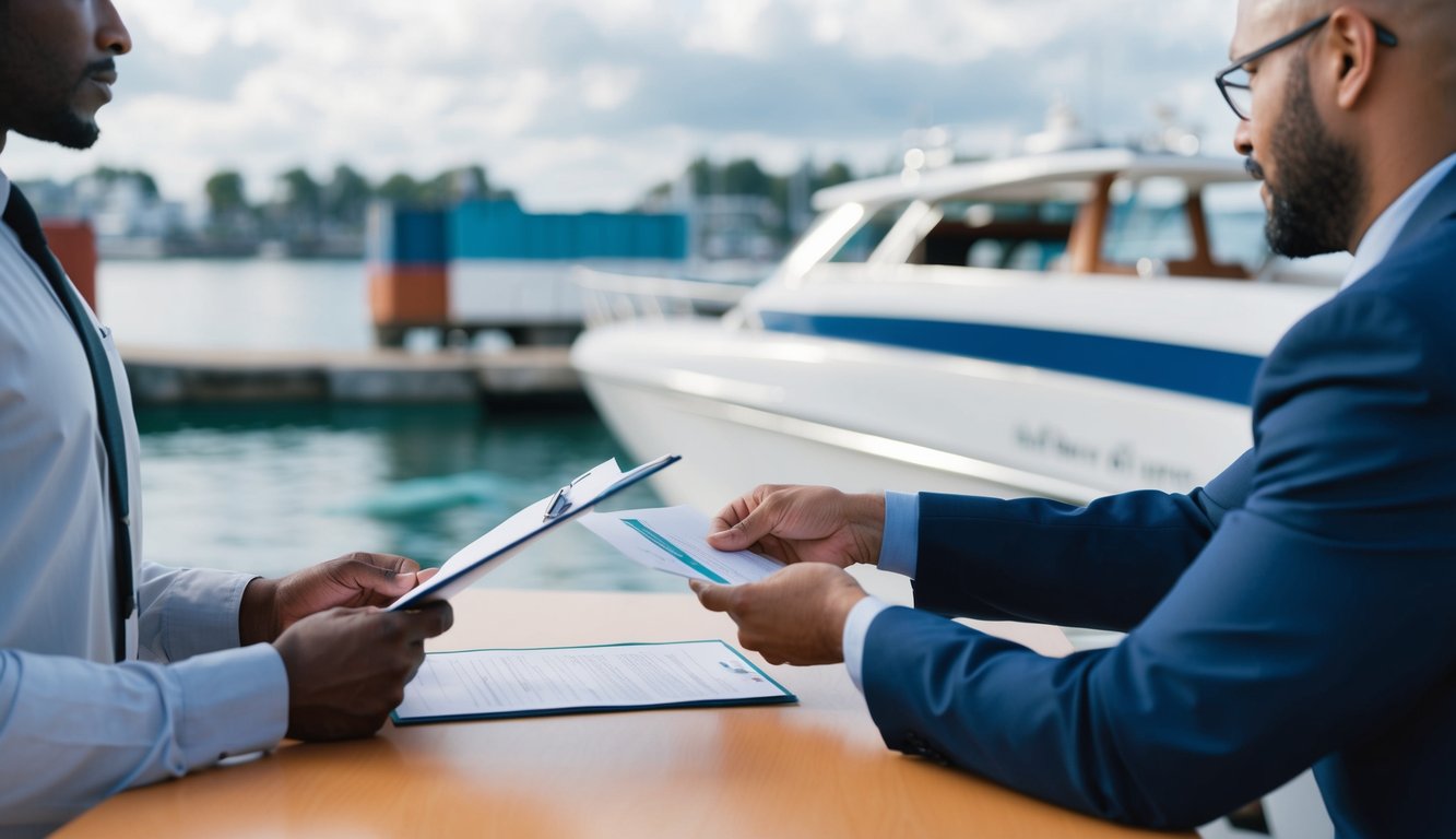 A person handing over paperwork to a shipping agent for a speed boat