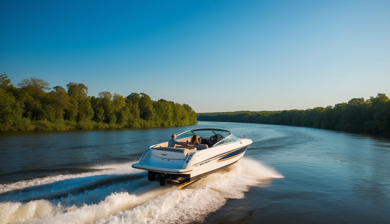 A speed boat navigating through a winding river, with lush greenery on both sides and a clear blue sky above