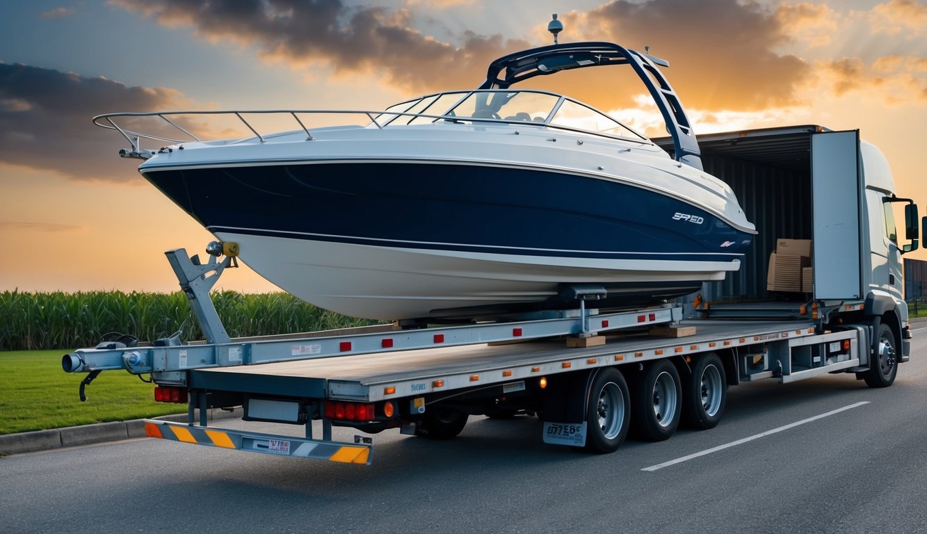 A speed boat being securely loaded onto a transport truck for local or long-distance shipping