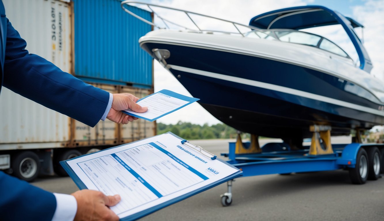 A speed boat being loaded onto a trailer with paperwork and forms being handed over to a shipping agent