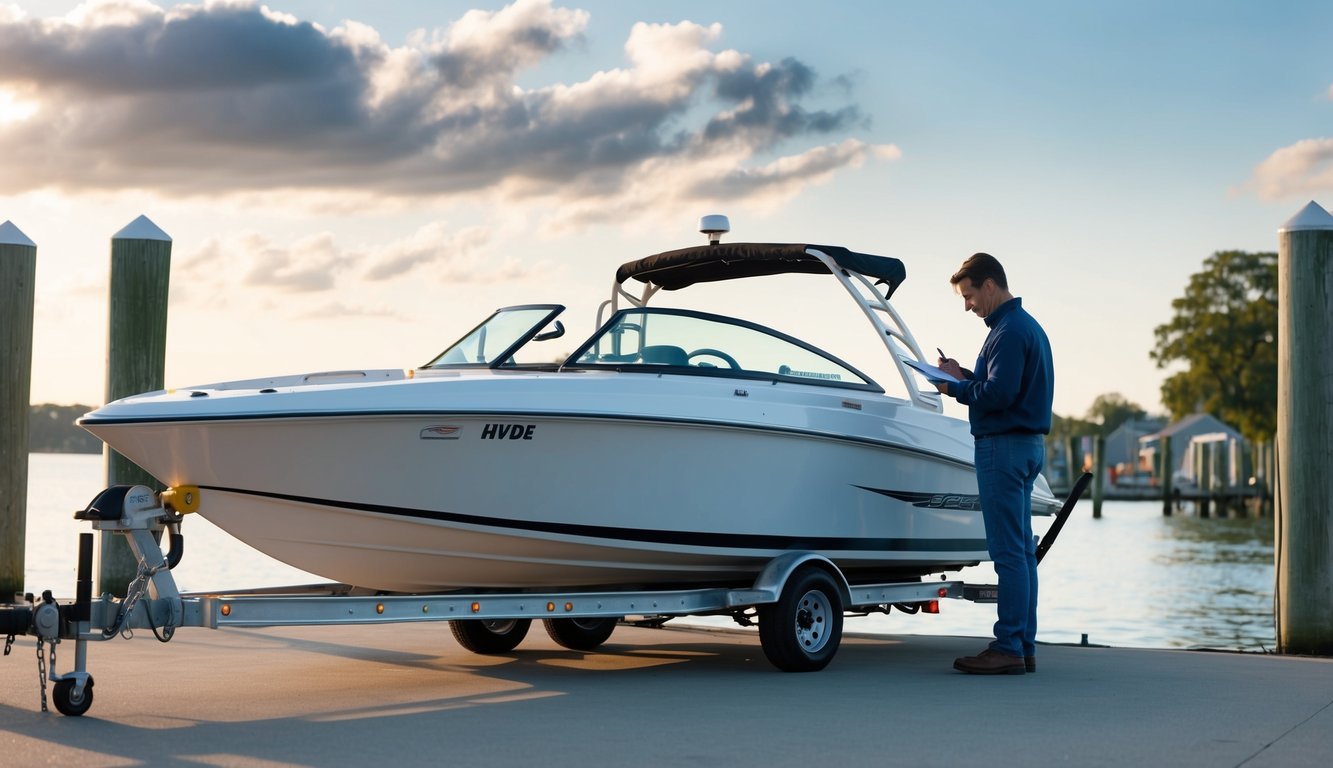 A speed boat on a trailer with a person inspecting and signing paperwork at a dock