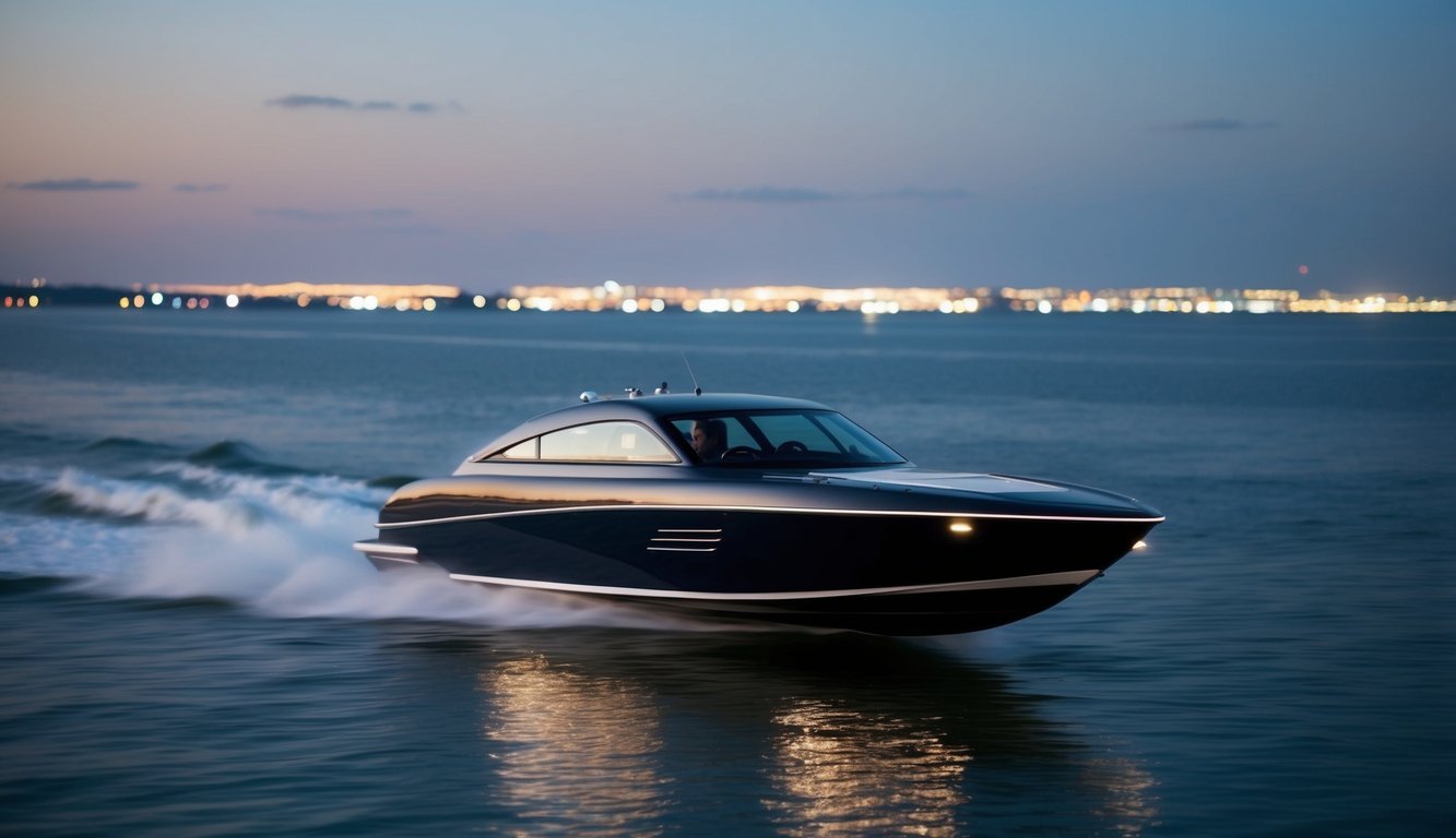 A sleek speed boat glides across calm waters, with distant city lights visible on the horizon