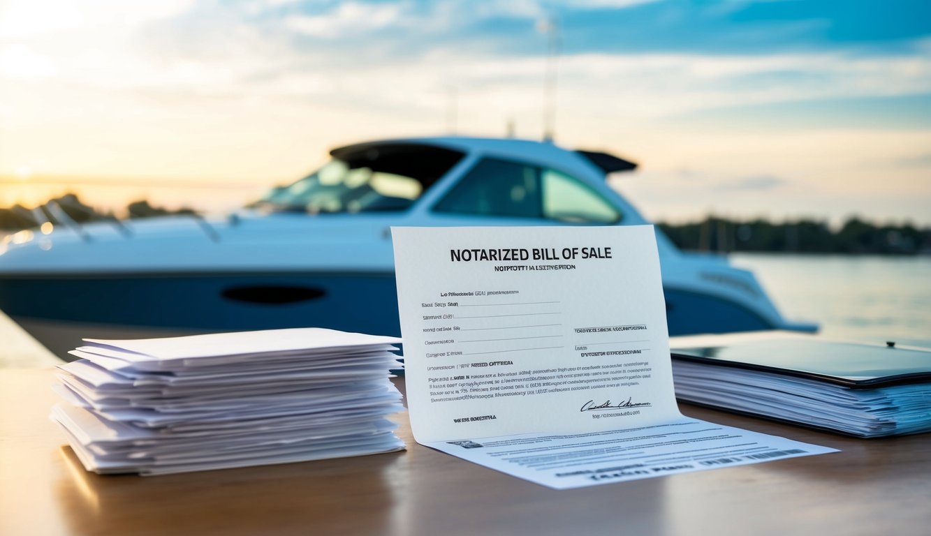 A notarized bill of sale next to a stack of paperwork, with a speed boat in the background
