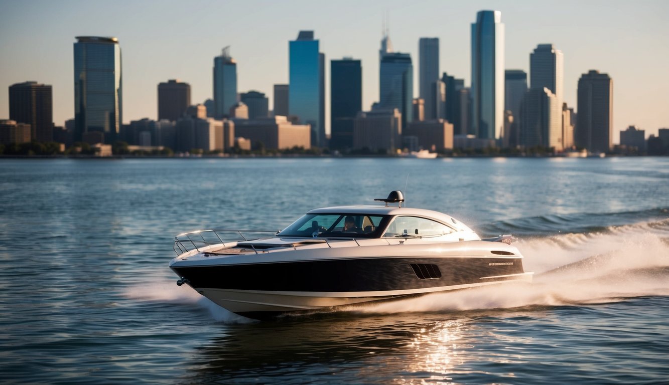 A sleek speed boat cutting through calm waters with city skyline in the background