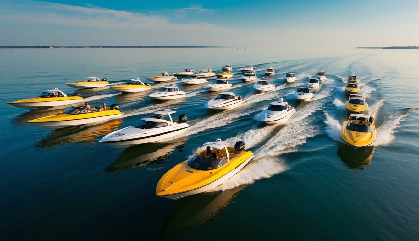 A fleet of speed boats navigating through calm waters, with a mix of local and long-distance transport options