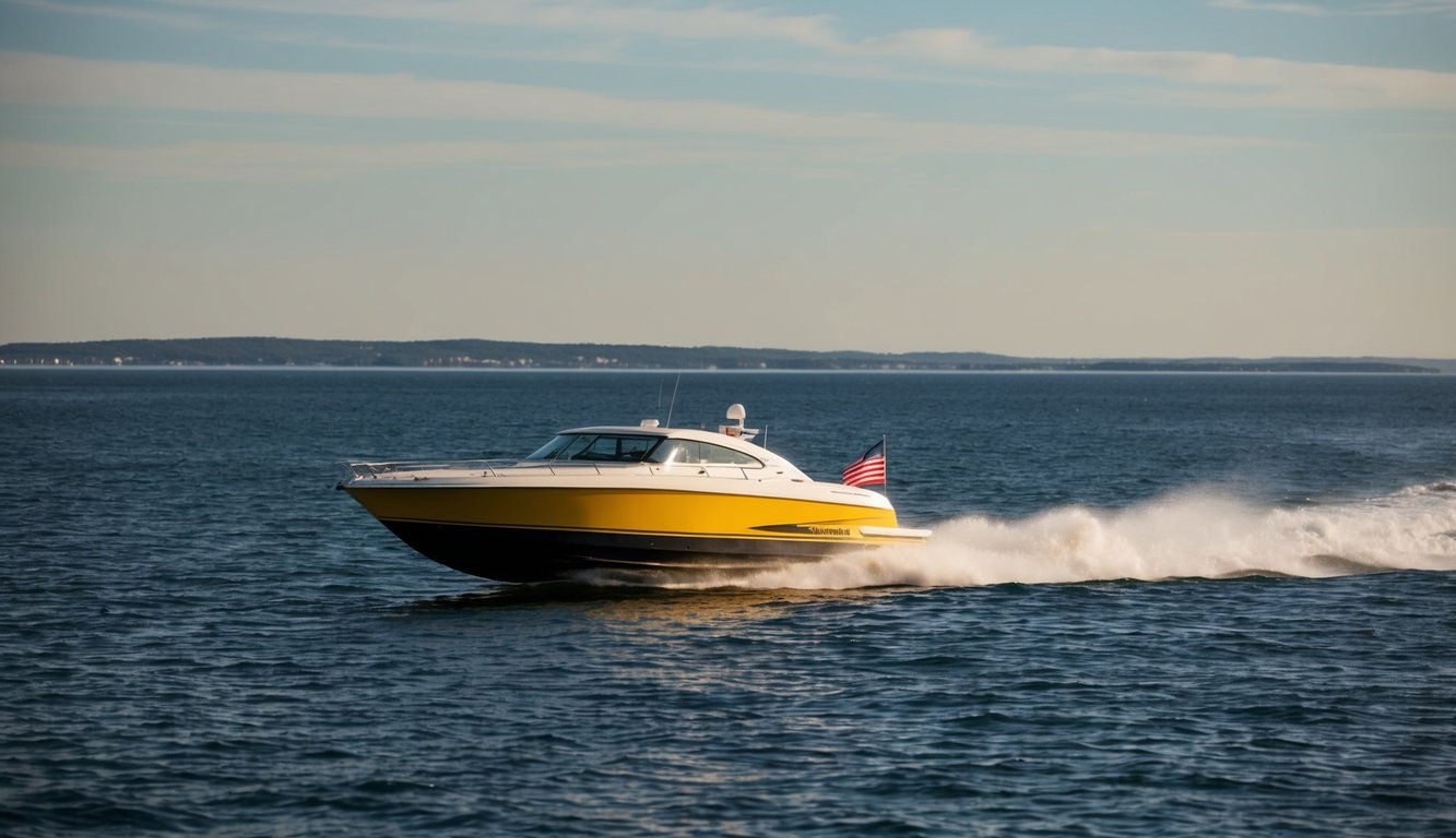 A speed boat glides across a vast open body of water, with distant shorelines visible on the horizon