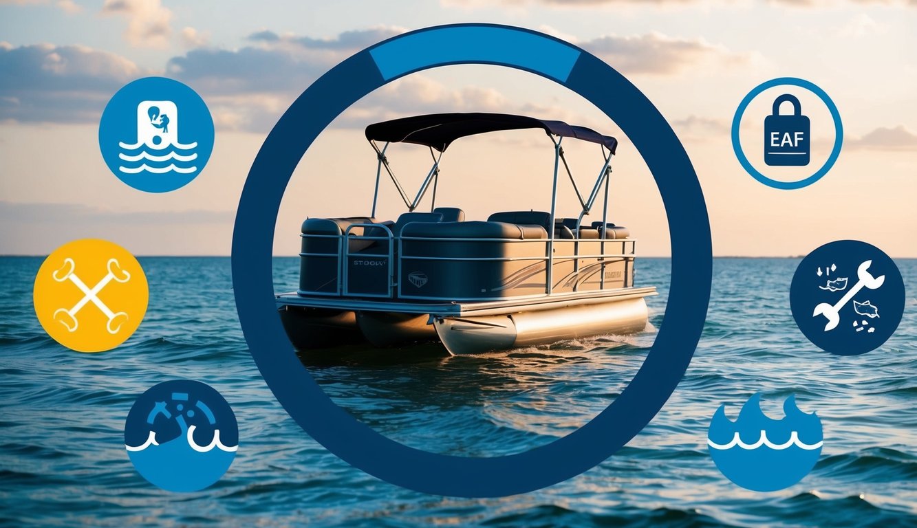 A pontoon boat safely enclosed within a protective insurance coverage shield, surrounded by symbols of potential damage such as rocks, waves, and debris