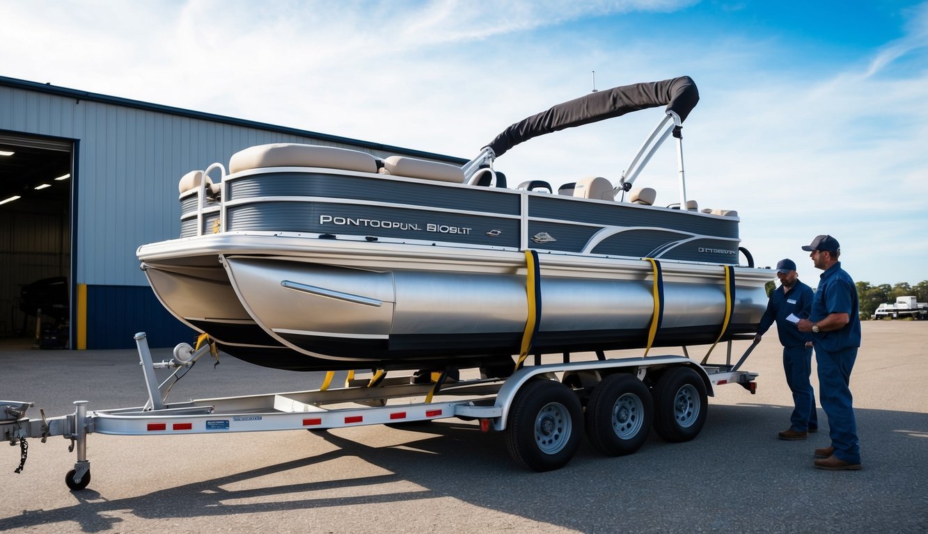 A pontoon boat being loaded onto a trailer with a worker securing it with straps, while another worker inspects the boat for any damages before shipping