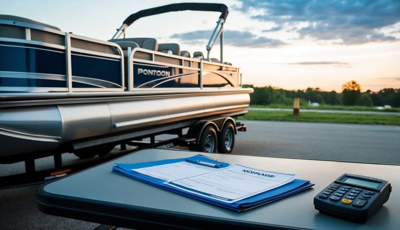 A pontoon boat being loaded onto a trailer with insurance documents and a payment receipt visible on a nearby table
