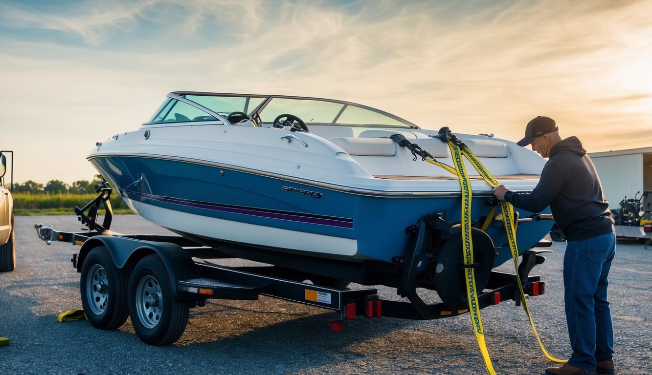 A speed boat being carefully secured onto a trailer, with straps being checked and tightened by a person. The boat is surrounded by various transportation equipment and tools