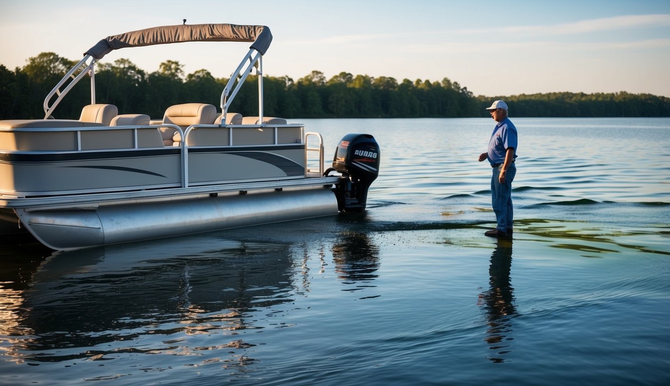 A pontoon boat leaking fuel into the water, with oil slick spreading and a concerned boat owner looking on