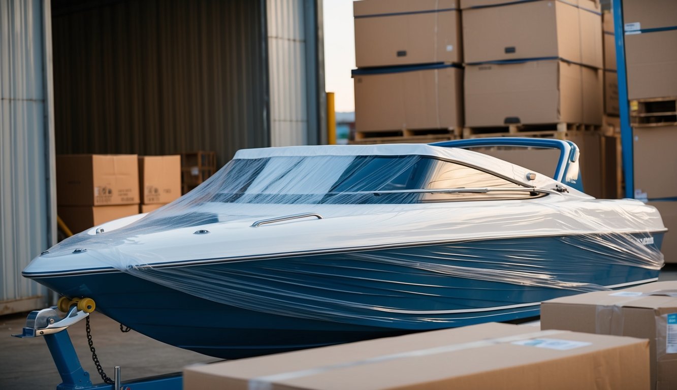 A speed boat being carefully wrapped in protective materials for shipping