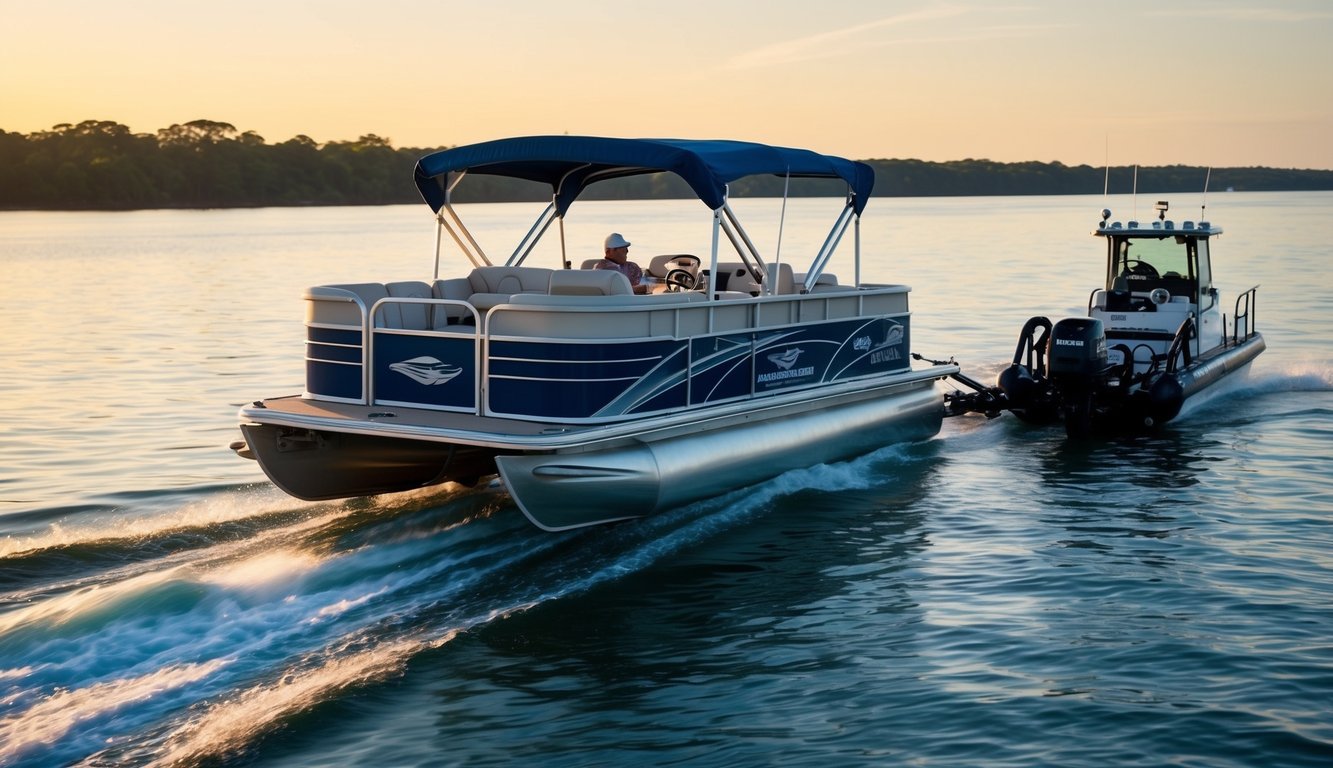 A pontoon boat being towed on the water with insurance logos visible on the boat and towing vessel