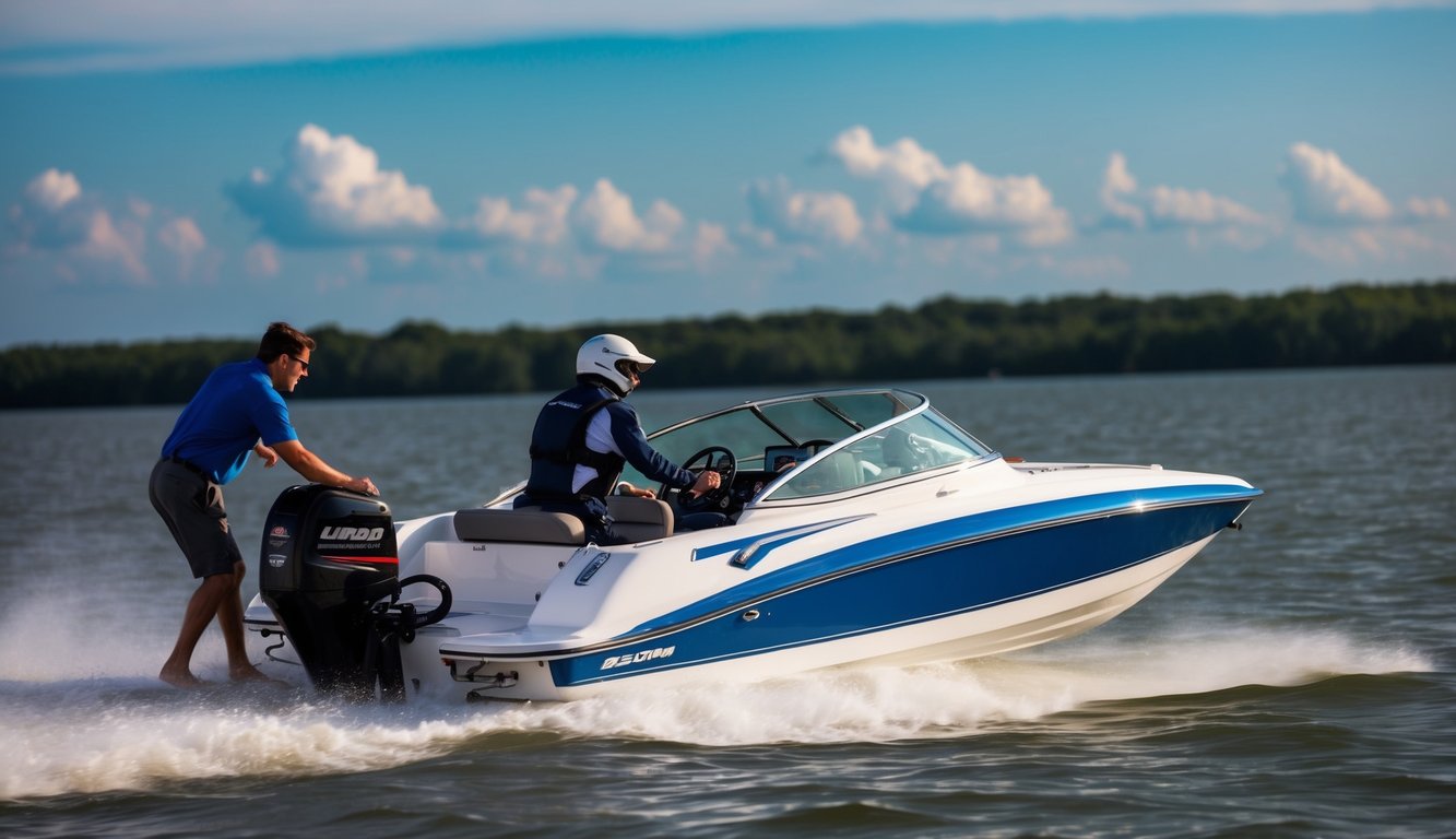 A speed boat being skillfully maneuvered by a qualified operator, while another inexperienced individual struggles with the boat's controls nearby