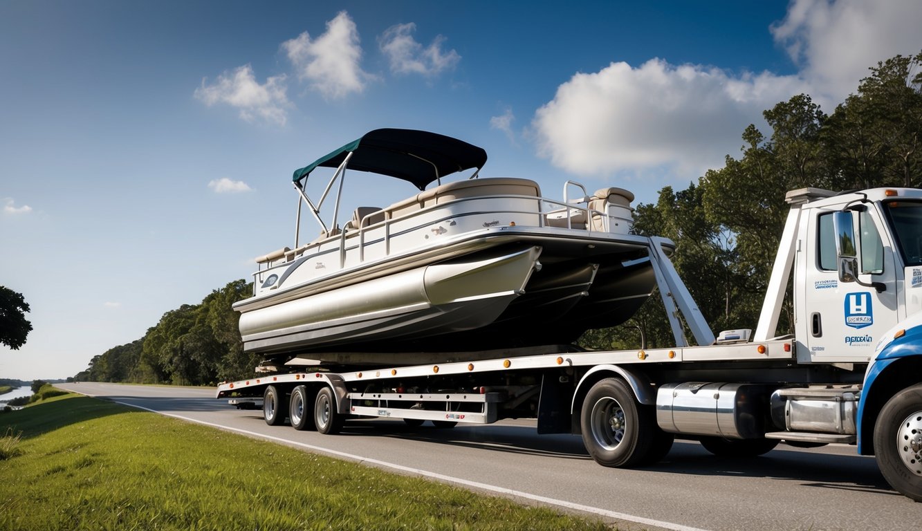 A pontoon boat being loaded onto a flatbed tow truck by the side of the road, with insurance logos visible on the truck
