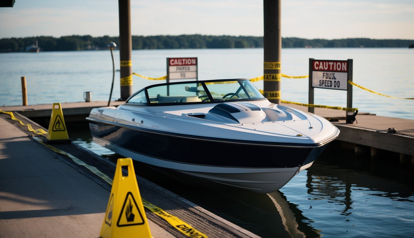 A speed boat with a drained fuel tank sits on a dock, surrounded by warning signs and caution tape