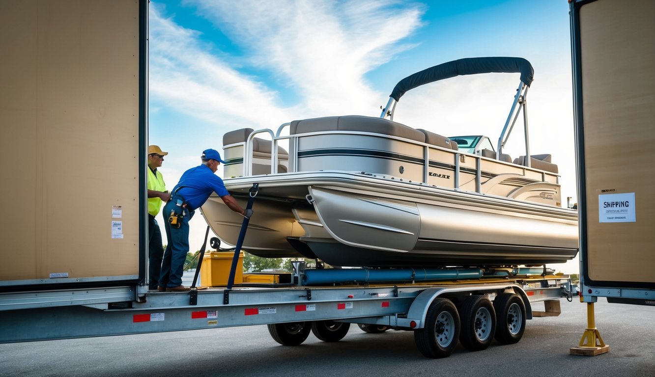 A pontoon boat being carefully loaded onto a shipping trailer, with workers securing it in place and a shipping label affixed to the side