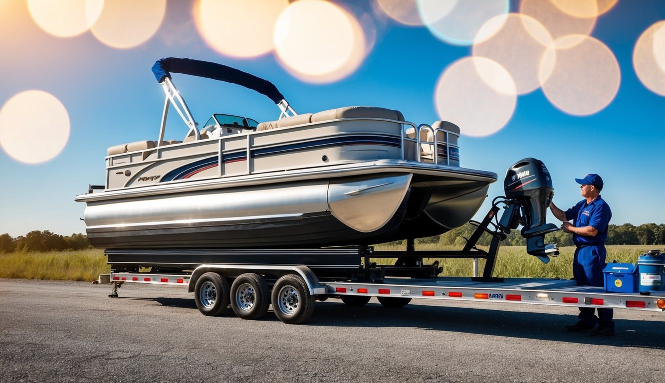 A pontoon boat being loaded onto a transport trailer with a mechanic inspecting the engine and other mechanical components before shipment