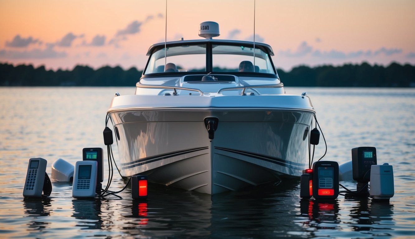 A speed boat surrounded by disconnected electronic devices and alarms