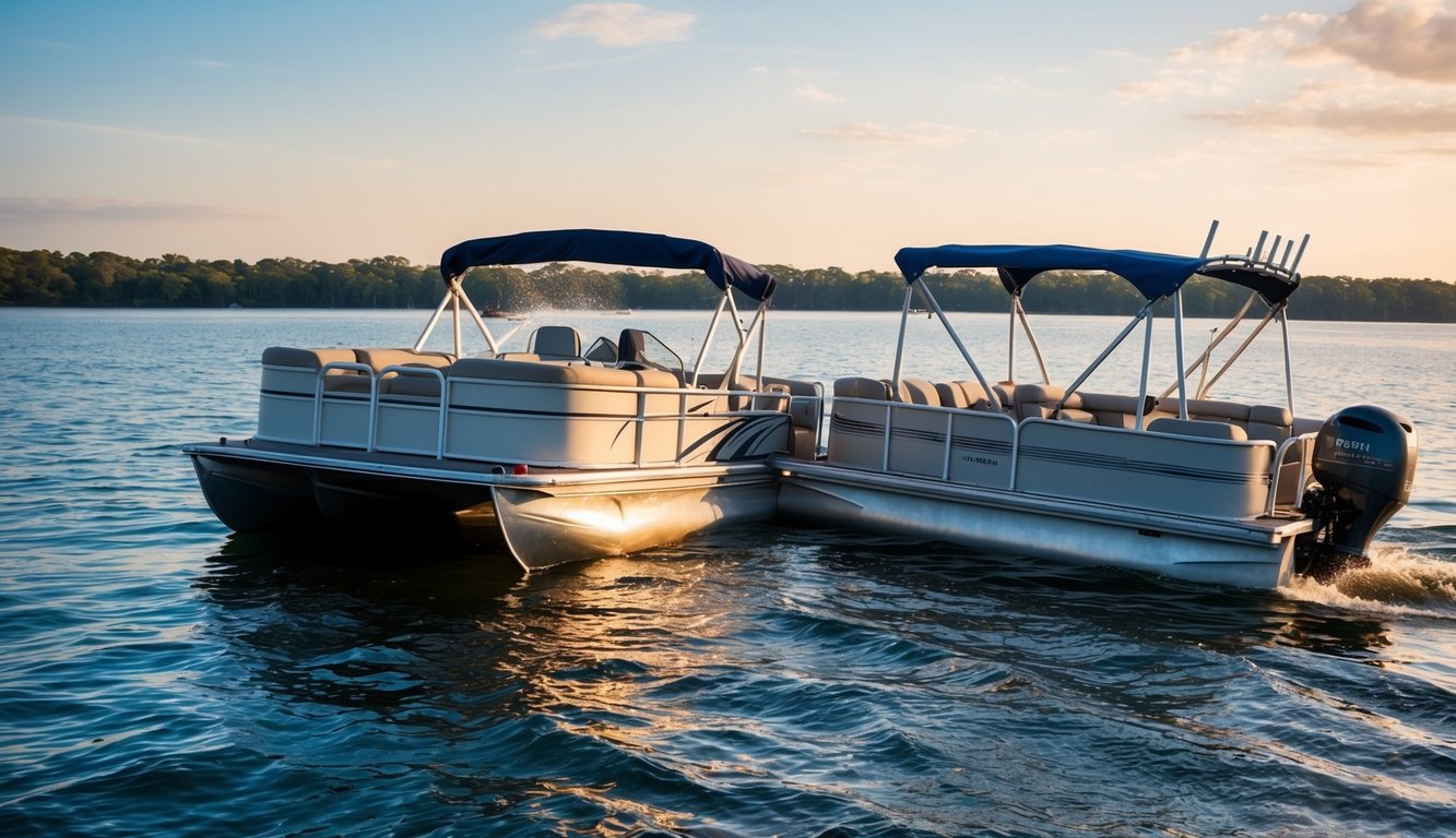 A pontoon boat colliding with another vessel on the water, causing visible damage to the hull and railing