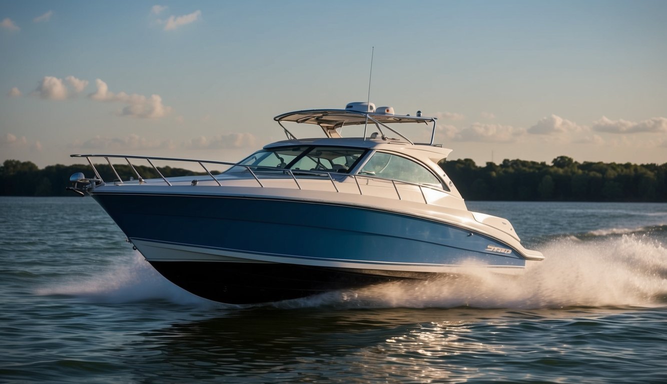 The speed boat is shown with all hatches and compartments securely closed and fastened