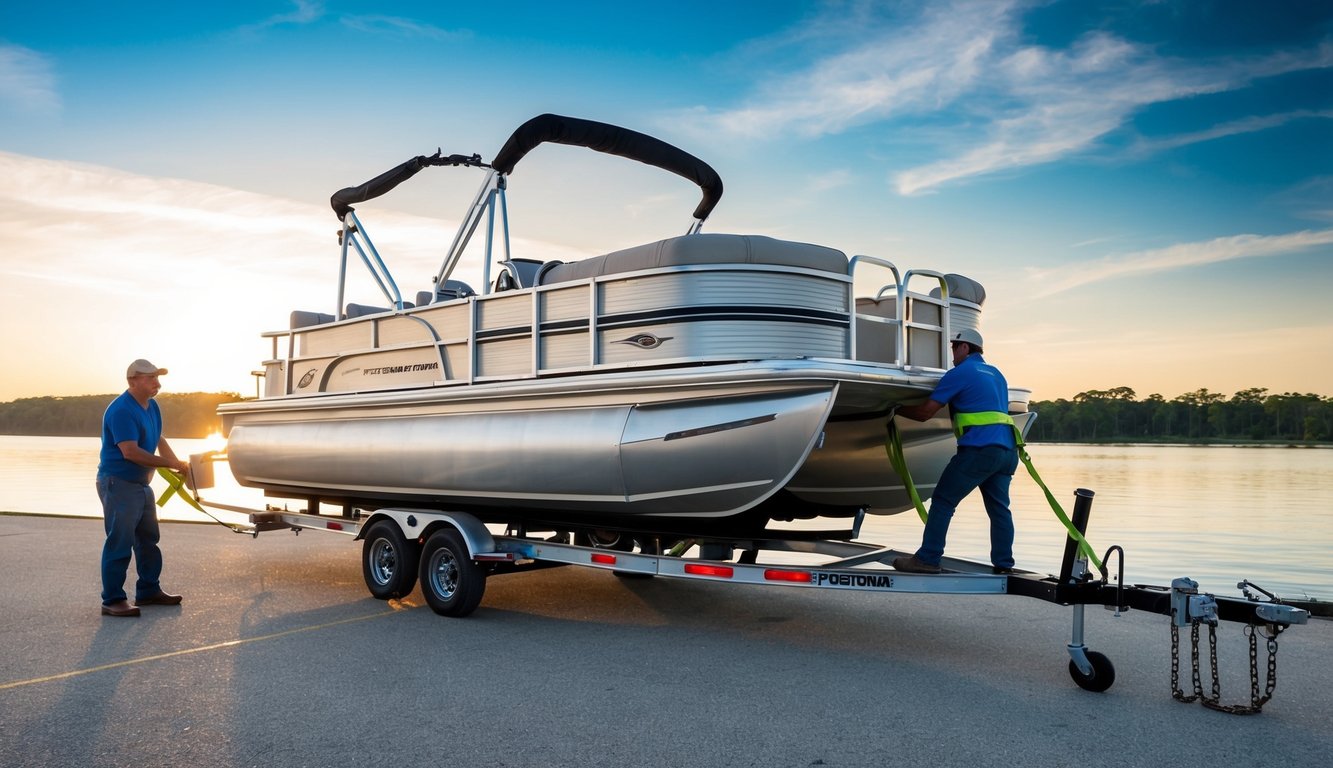 A pontoon boat being loaded onto a trailer, with a person securing it with tie-down straps. The boat is being prepared for shipping or transportation