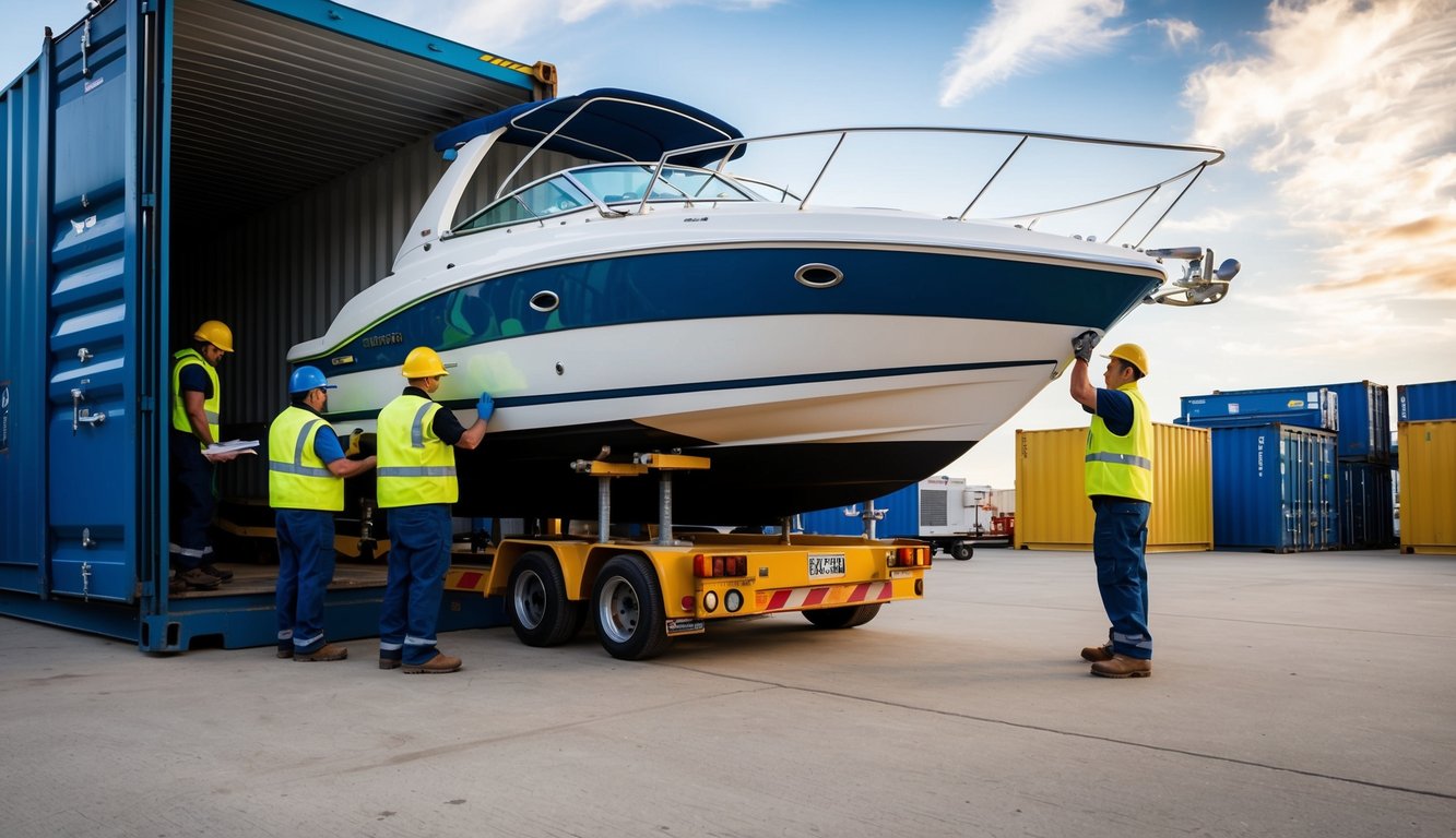 A speed boat being securely loaded onto a shipping container, with workers checking insurance paperwork and following safety guidelines