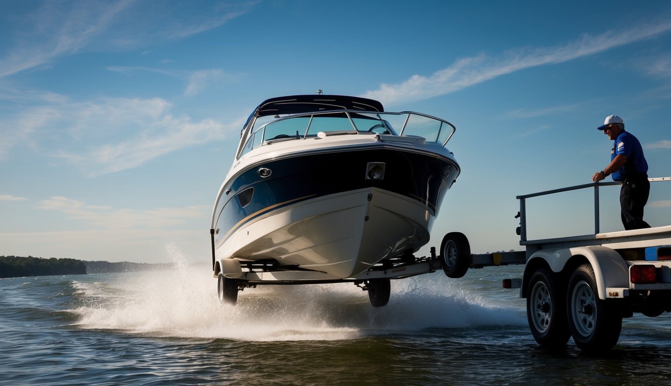 A speed boat being carefully guided off a trailer onto the water, with a sense of urgency to avoid any delays