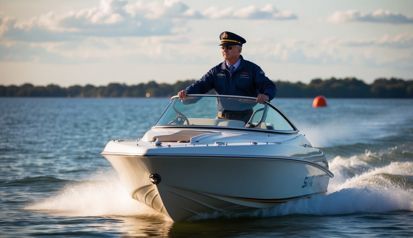 A professional captain skillfully navigates a speed boat through calm waters, following safety guidelines
