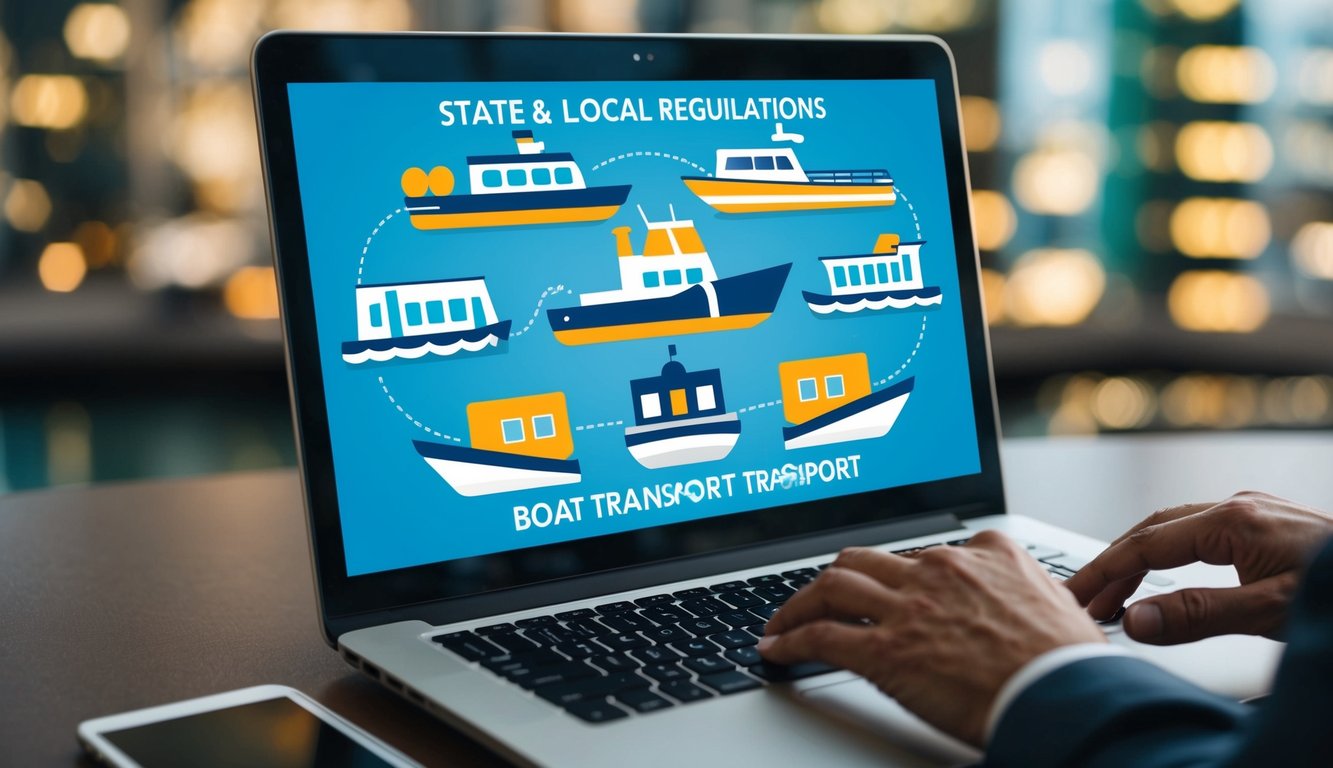 A person researching on a laptop with various state and local regulations for boat transport displayed on the screen